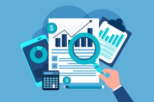 Report, business analytics, market research concept. Top view of a clipboard with financial results on the desk. Chart, diagrams, graphs with data and statistics